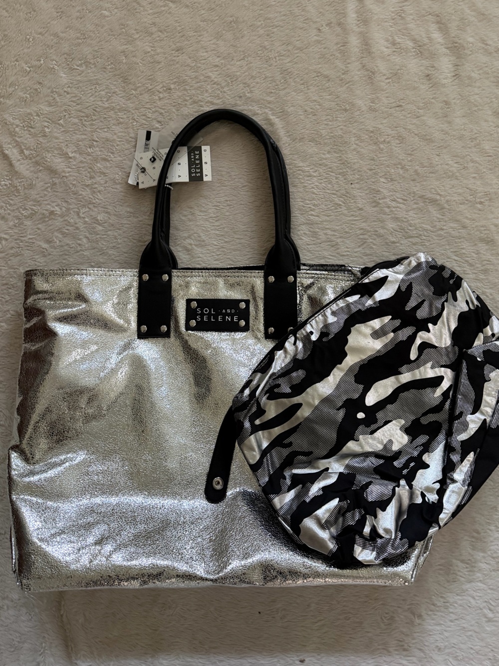 Sol and Selene It Girl Tote Metallic Silver reversible camo NWT